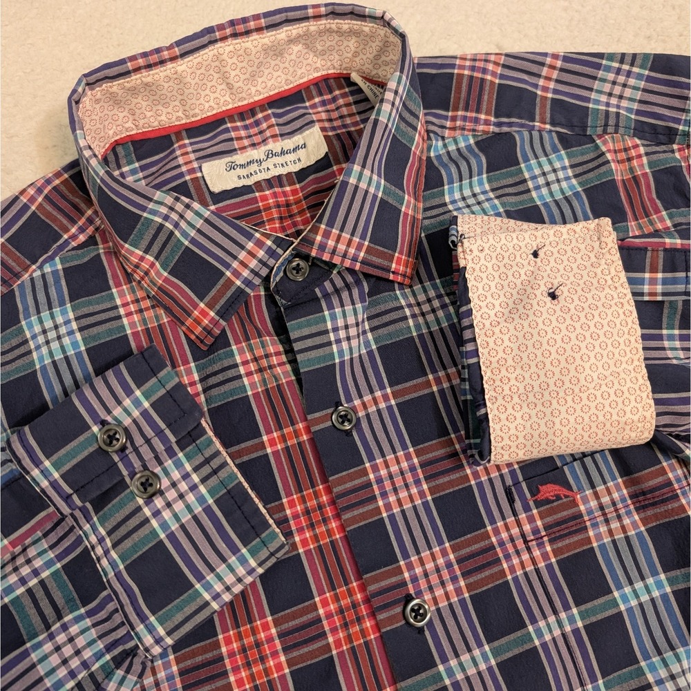 Tommy Bahama Sarasota Stretch Men's Med Plaid Flip Cuff Button Down Performance